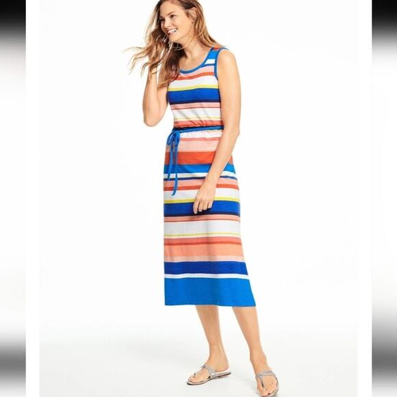 Talbots blue and peach BELTED STRIPE MIDI DRESS size medium Petite MP - Picture 1 of 9